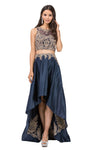 A-line High-Low-Hem Sleeveless Sheer Jeweled Natural Waistline Jeweled Neck Prom Dress with a Brush/Sweep Train