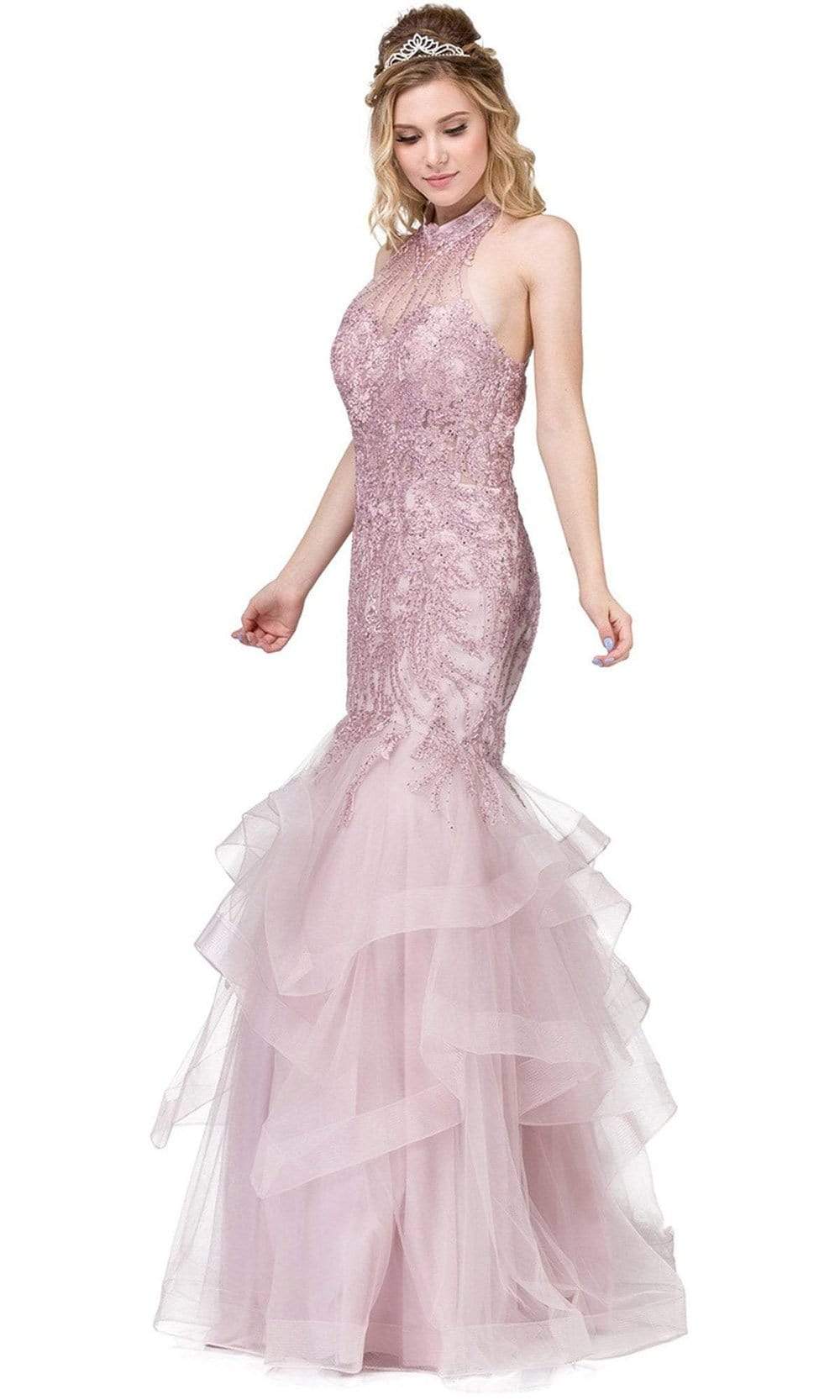 Dancing Queen - 2447 Gold Applique Halter Tiered Mermaid Prom Dress
