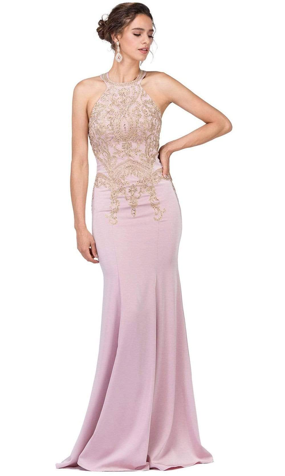 Dancing Queen - 2457 Gold Applique Halter Trumpet Prom Dress
