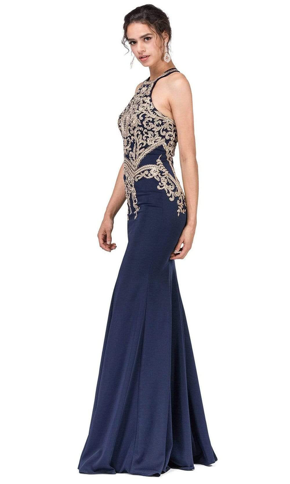 Dancing Queen - 2457 Gold Applique Halter Trumpet Prom Dress