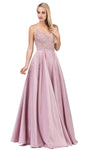 A-line V-neck Jeweled Applique Open-Back Lace Spaghetti Strap Floor Length Dress With Rhinestones