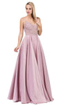 A-line V-neck Lace Applique Jeweled Open-Back Spaghetti Strap Floor Length Dress With Rhinestones