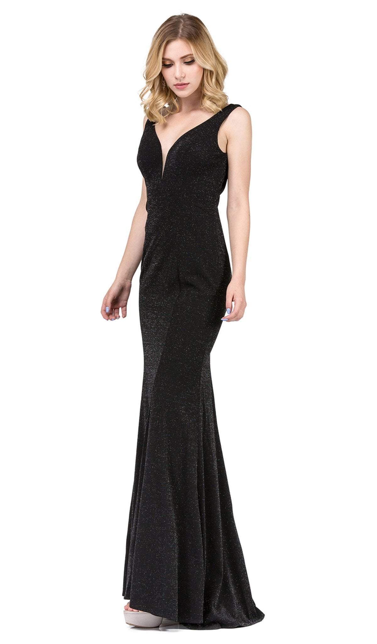Dancing Queen - 2497 Shimmer Fabric Plunging Neck Fitted Prom Dress