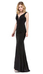 V-neck Plunging Neck Sleeveless Fitted Glittering Floor Length Prom Dress with a Brush/Sweep Train