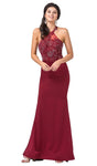 Spaghetti Strap Sheath Lace Floor Length Back Zipper Illusion Applique Halter Natural Waistline Sheath Dress with a Brush/Sweep Train With Rhinestones