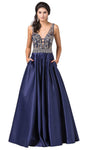 A-line V-neck Plunging Neck Beaded Open-Back Banding Floor Length Dress With Rhinestones