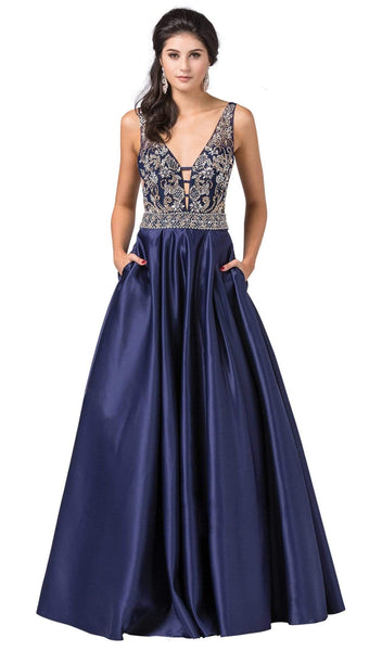 A-line V-neck Floor Length Open-Back Beaded Banding Plunging Neck Dress With Rhinestones