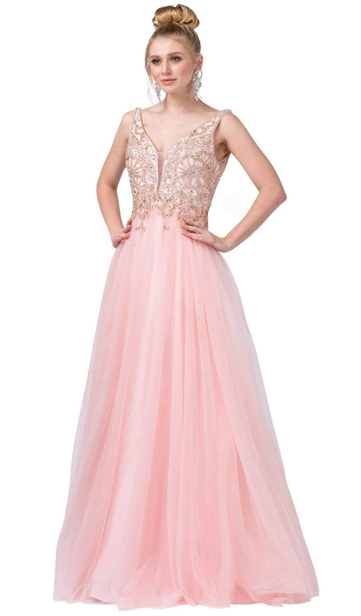 Dancing Queen - 2514 Plunging V-Neck Bejeweled Bodice A-Lin Gown