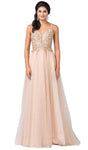 Sophisticated A-line V-neck Jeweled Neck Plunging Neck Jeweled Open-Back Illusion General Print Tulle Natural Waistline Sleeveless Dress with a Brush/Sweep Train