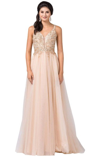 Sophisticated A-line V-neck Tulle Natural Waistline Sleeveless Jeweled Neck Plunging Neck General Print Open-Back Illusion Jeweled Dress with a Brush/Sweep Train