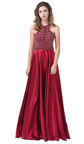 A-line Halter Glittering Open-Back Fitted Wrap Sleeveless Floor Length Evening Dress with a Brush/Sweep Train