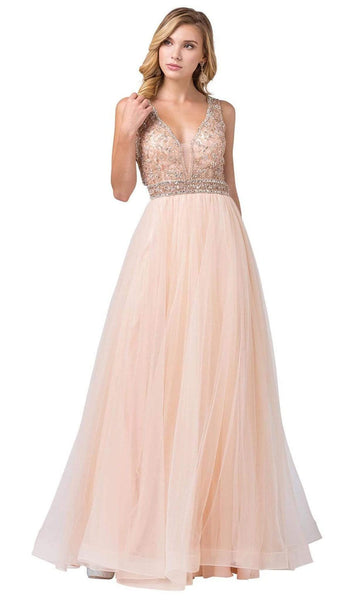 Sophisticated A-line V-neck Glittering Open-Back Fitted Sleeveless Floor Length Pageant Dress/Prom Dress