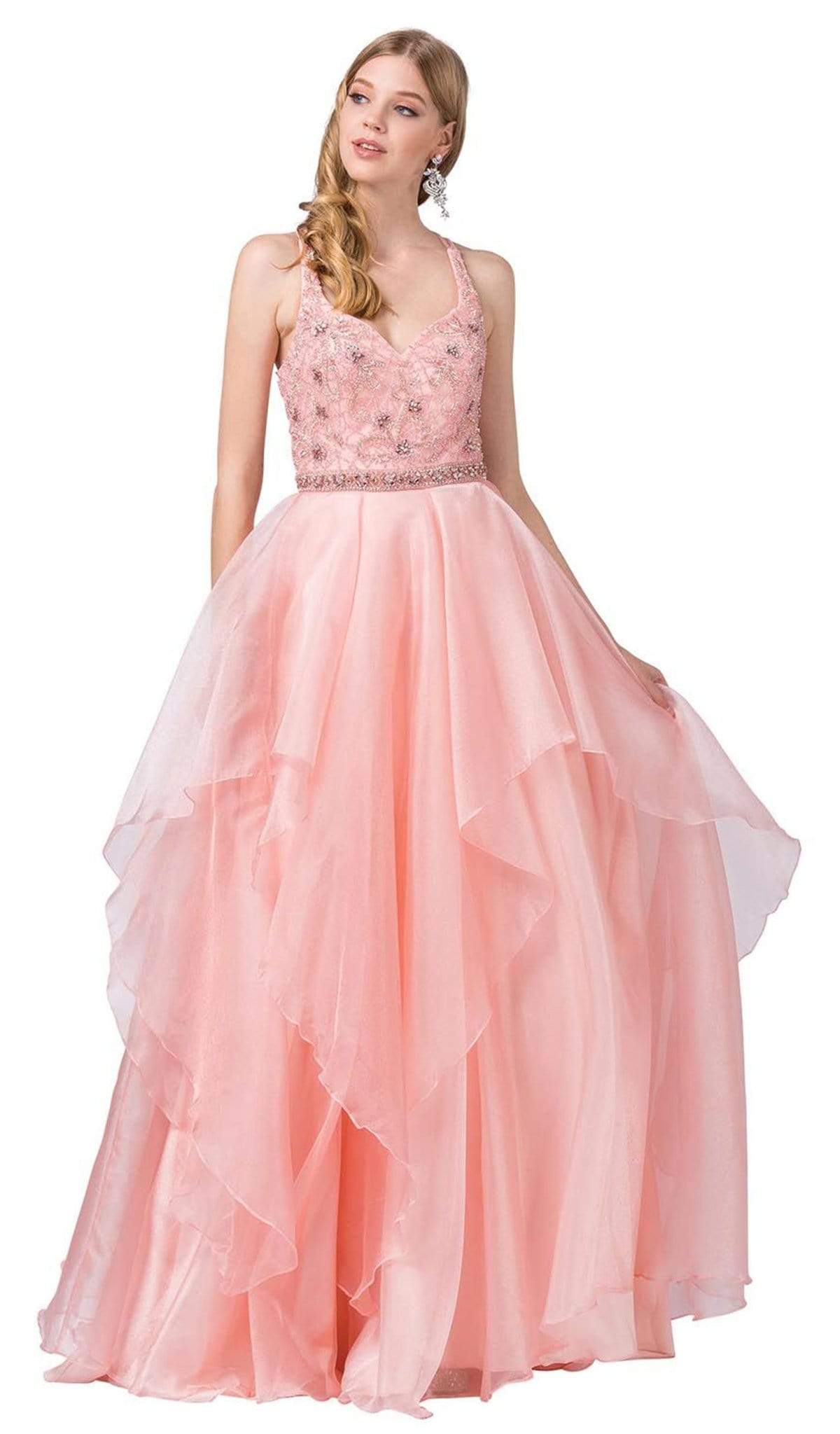 Dancing Queen - 2524 Embellished Halter V-neck Tiered Ballgown