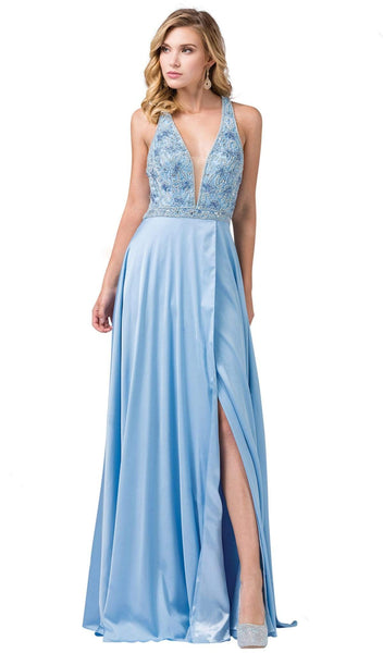 Sophisticated A-line Fall Sleeveless Illusion Slit Sheer Beaded Natural Waistline Lace Halter Plunging Neck Dress with a Brush/Sweep Train