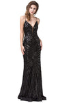 V-neck Floor Length Sheath Fitted Sequined Sleeveless Spaghetti Strap Sheath Dress with a Brush/Sweep Train
