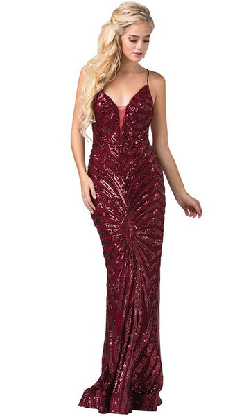 V-neck Sheath Sleeveless Spaghetti Strap Floor Length Sequined Fitted Sheath Dress with a Brush/Sweep Train