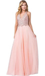 A-line V-neck Floor Length Halter Sleeveless Open-Back Sheer Glittering Dress