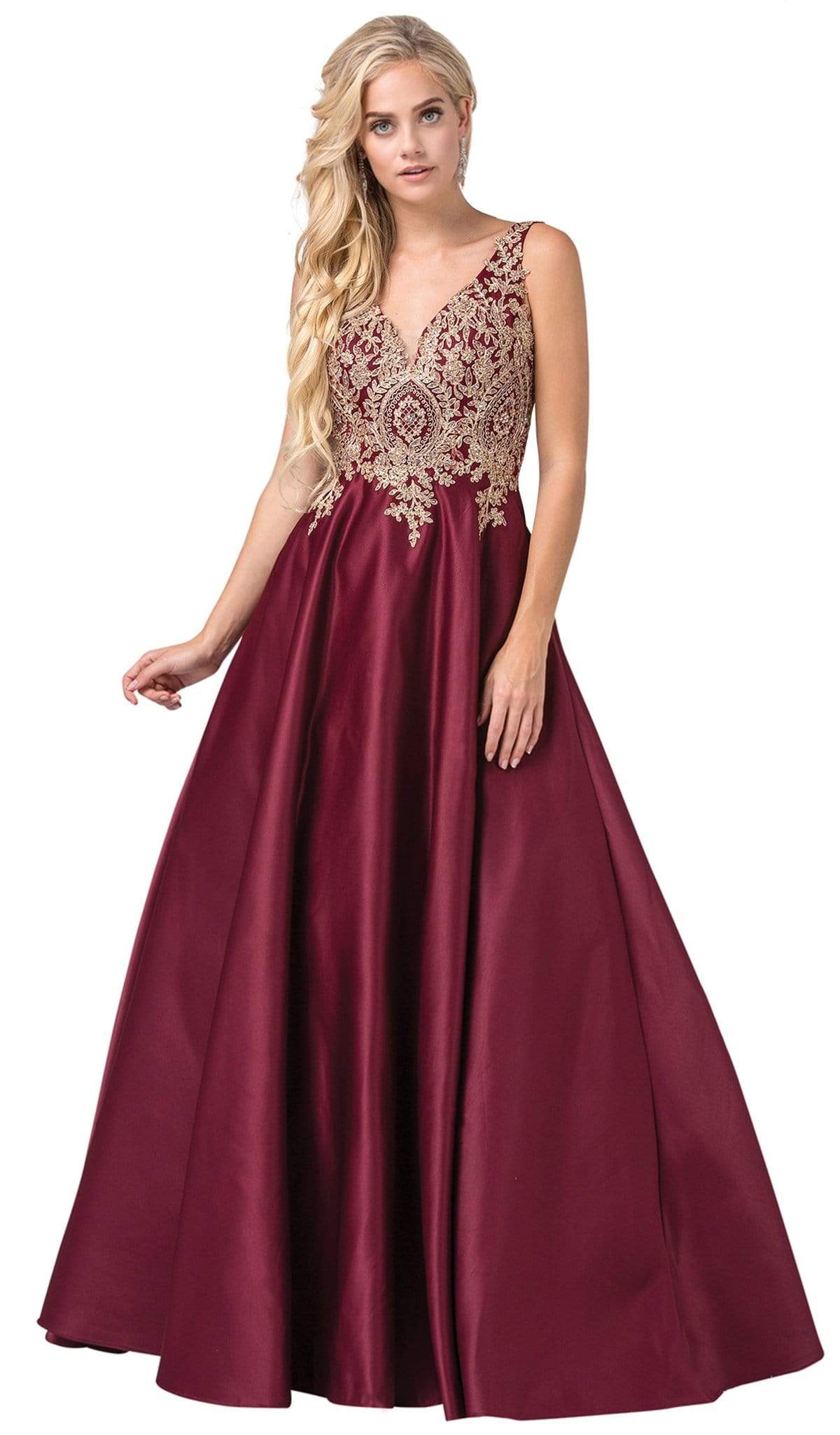 Dancing Queen - 2533 Gold Embellished Lace Bodice Satin A-Line Gown
