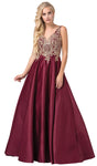 A-line V-neck Embroidered Pocketed V Back Applique Sleeveless Floor Length Dress