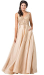 A-line V-neck Sleeveless Embroidered Pocketed V Back Applique Floor Length Dress