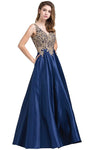 A-line V-neck Sleeveless Pocketed Embroidered Applique V Back Floor Length Dress