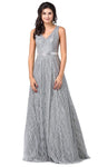 Tall A-line V-neck Sleeveless Natural Waistline Floor Length Mesh Back Zipper Glittering Illusion V Back Prom Dress
