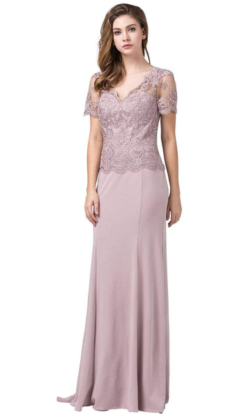 Sophisticated V-neck Applique Open-Back Illusion Jeweled Wrap Sheer Sheath Lace Short Sleeves Sleeves Sweetheart Sheath Dress with a Brush/Sweep Train With Rhinestones