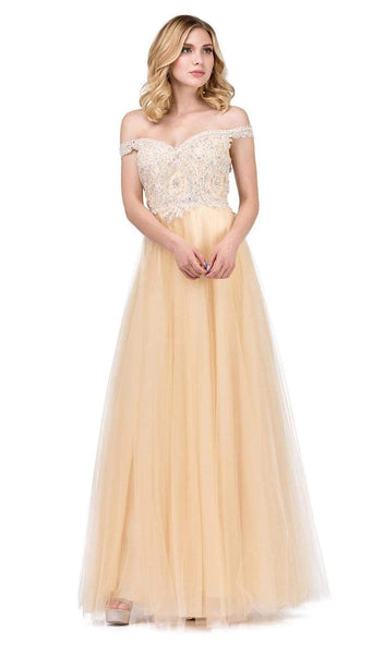Sophisticated A-line Floor Length Off the Shoulder Fitted Embroidered Dress