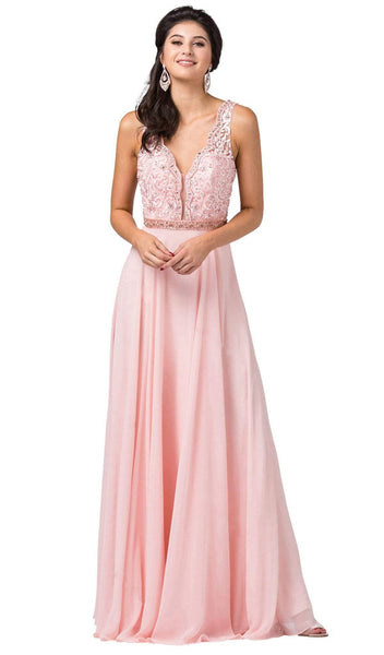 A-line V-neck Floor Length Sleeveless Natural Waistline Open-Back Sheer Embroidered Illusion Beaded Back Zipper Cutout Plunging Neck Scalloped Trim Dress With Rhinestones