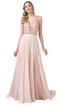 A-line V-neck Sleeveless Floor Length Back Zipper Cutout Open-Back Sheer Beaded Embroidered Illusion Plunging Neck Scalloped Trim Natural Waistline Dress With Rhinestones