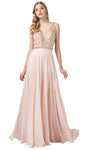 A-line V-neck Floor Length Scalloped Trim Sleeveless Natural Waistline Plunging Neck Cutout Open-Back Sheer Back Zipper Embroidered Beaded Illusion Dress With Rhinestones