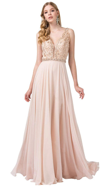 A-line V-neck Back Zipper Embroidered Open-Back Sheer Illusion Beaded Cutout Floor Length Scalloped Trim Natural Waistline Plunging Neck Sleeveless Dress With Rhinestones