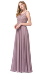 A-line Lace Floral Print Sleeveless Scoop Neck Sheer Beaded Shirred Floor Length Dress With Rhinestones