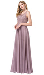 A-line Scoop Neck Sleeveless Shirred Sheer Beaded Floral Print Lace Floor Length Dress With Rhinestones