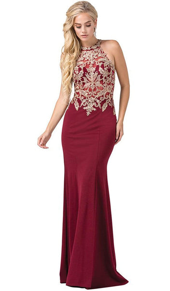 Floor Length Halter Embroidered Open-Back Fitted Fit-and-Flare Mermaid Sleeveless Dress with a Brush/Sweep Train