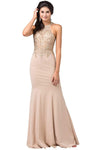 Fit-and-Flare Mermaid Sleeveless Floor Length Halter Embroidered Fitted Open-Back Dress with a Brush/Sweep Train