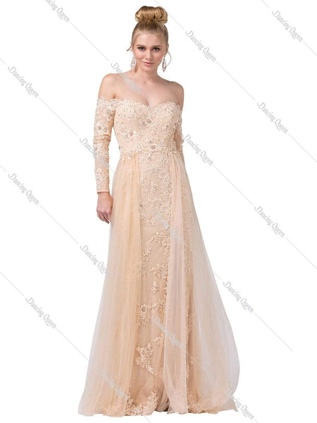 A-line Lace Floor Length Long Sleeves Off the Shoulder Sheer Applique Floral Print Natural Waistline Sweetheart Dress With Rhinestones