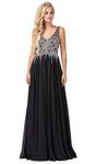 Sophisticated A-line V-neck Sleeveless Floor Length Natural Waistline Back Zipper Sequined Illusion Jeweled Beaded Flowy Sheer V Back Prom Dress With Rhinestones