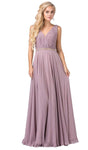 A-line V-neck Natural Waistline Full-Skirt Grecian V Back Cutout Gathered Mesh Belted Ruched Tulle Sleeveless Dress With Rhinestones