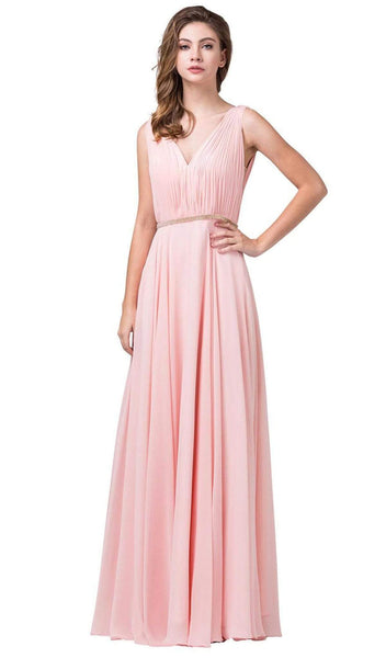 A-line V-neck Tulle Full-Skirt Sleeveless Ruched Mesh Gathered V Back Belted Grecian Cutout Natural Waistline Dress With Rhinestones