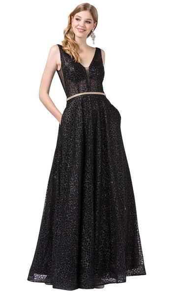 Sophisticated A-line V-neck Floor Length Plunging Neck Sleeveless Natural Waistline Glittering Back Zipper V Back Mesh Tiered Beaded Sheer Cutout Belted Illusion Prom Dress With Rhinestones