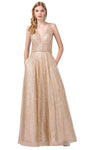 Sophisticated A-line V-neck Natural Waistline Floor Length Sheer Belted Illusion Tiered Beaded V Back Cutout Glittering Back Zipper Mesh Sleeveless Plunging Neck Prom Dress With Rhinestones