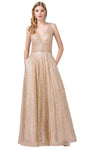 Sophisticated A-line V-neck Floor Length Natural Waistline Sleeveless Illusion Mesh V Back Beaded Tiered Belted Glittering Back Zipper Cutout Sheer Plunging Neck Prom Dress With Rhinestones