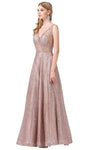Sophisticated A-line V-neck Natural Waistline Floor Length Sleeveless Illusion Glittering Cutout Sheer Beaded V Back Mesh Belted Back Zipper Tiered Plunging Neck Prom Dress With Rhinestones