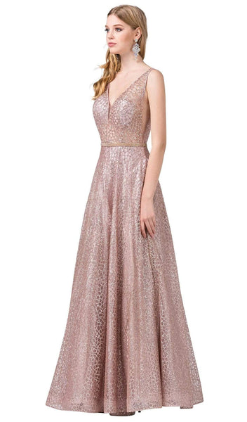 Sophisticated A-line V-neck Beaded Belted Tiered Sheer Glittering V Back Cutout Mesh Back Zipper Illusion Plunging Neck Sleeveless Floor Length Natural Waistline Prom Dress With Rhinestones