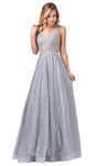 Sophisticated A-line V-neck Plunging Neck Cutout Sheer Mesh V Back Back Zipper Belted Glittering Beaded Illusion Tiered Floor Length Sleeveless Natural Waistline Prom Dress With Rhinestones