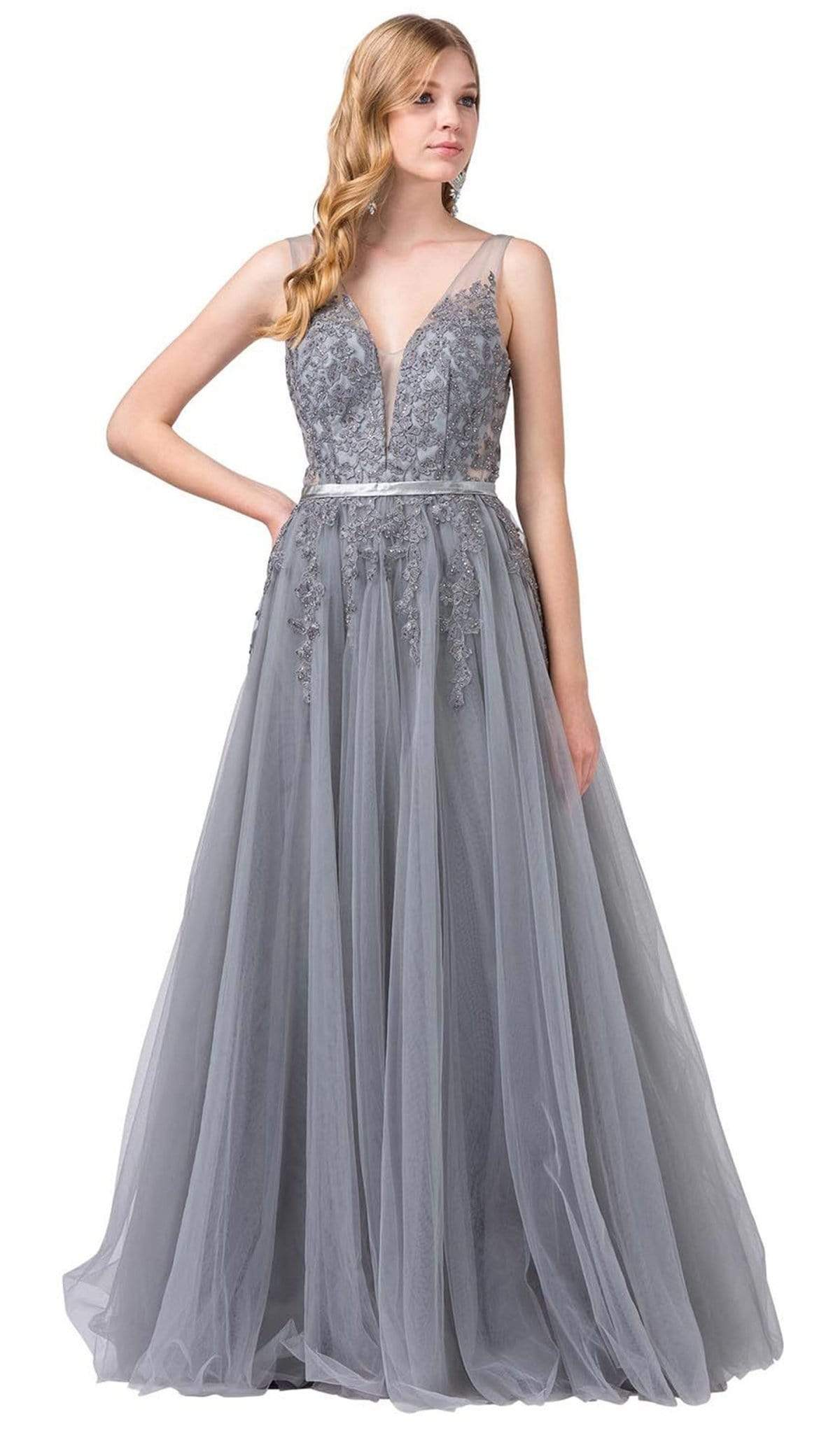 Dancing Queen - 2596 Illusion Plunging Neck Floral Applique Tulle Gown
