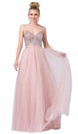 A-line V-neck Satin Spaghetti Strap Floor Length Open-Back Sheer Jeweled Glittering Dress