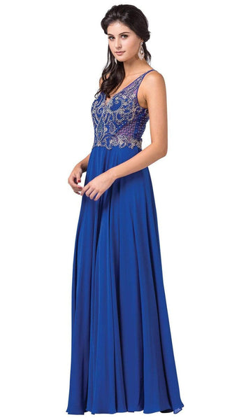 Sophisticated A-line V-neck Natural Waistline Floor Length Sleeveless Fitted Back Zipper Evening Dress