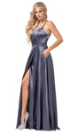 A-line Sleeveless Spaghetti Strap Floor Length Open-Back Fitted Pocketed Belted Slit Back Zipper Scoop Neck Natural Waistline Evening Dress